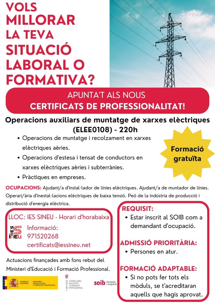 certificat professionalitat operacions auxiliars de muntatge de xarxes elèctriques ELEE0108