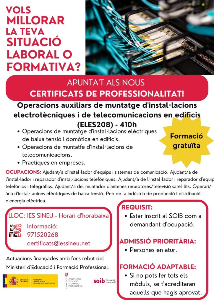 certificat professionalitat operacions auxiliars de muntatge instal·lacions electrotècniques i telecomunicacions en edificis ELES208