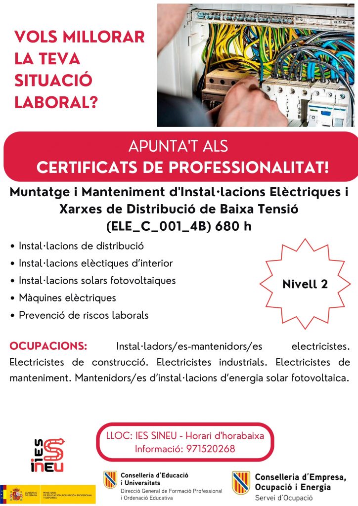 Cartell ELE_C_001_4B - Muntatge i Manteniment d_Instal·lacions Elèctriques i Xarxes de Distribució de Baixa